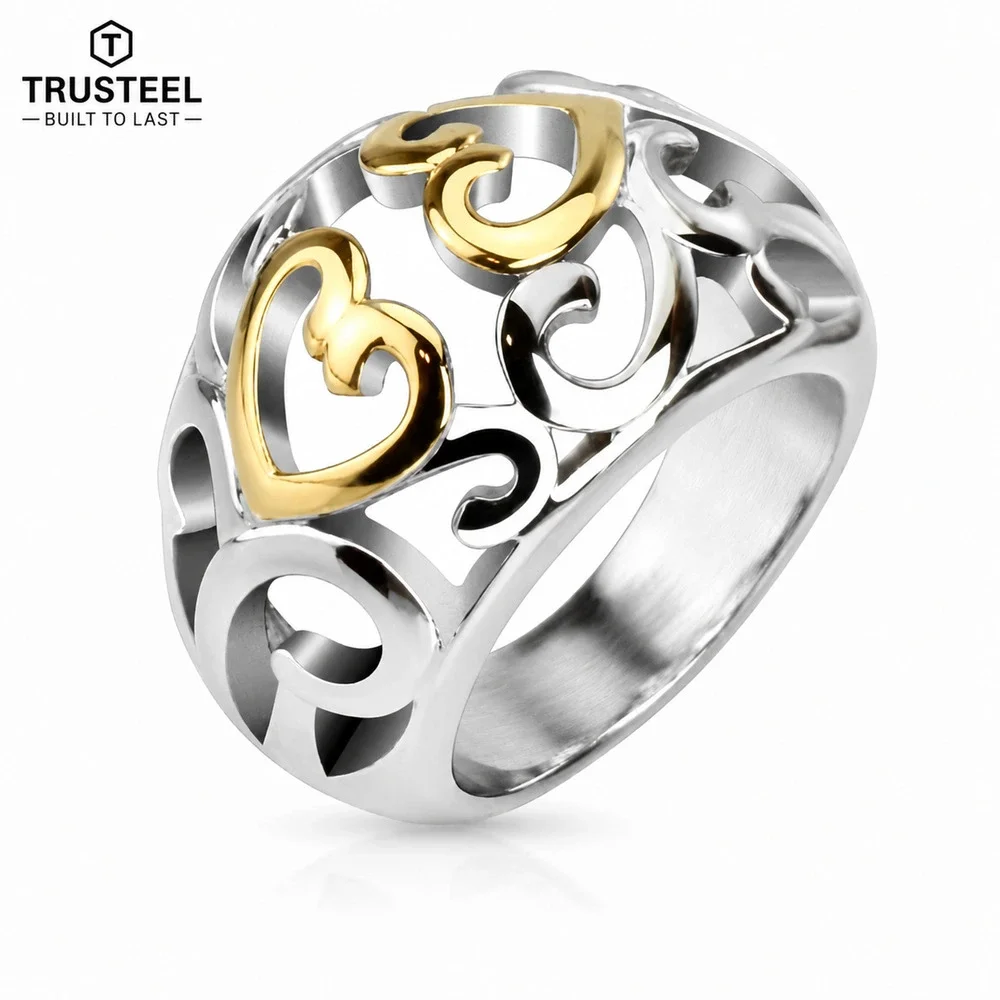 Women's Vintage Heart Swirls Silver Gold Ring 316L Stainless Steel size 6